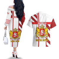 Georgia Couples Matching Off The Shoulder Long Sleeve Dress and Hawaiian Shirt with Red Cross and Golden Lions Emblem Never Bows Design - Wonder Print Shop