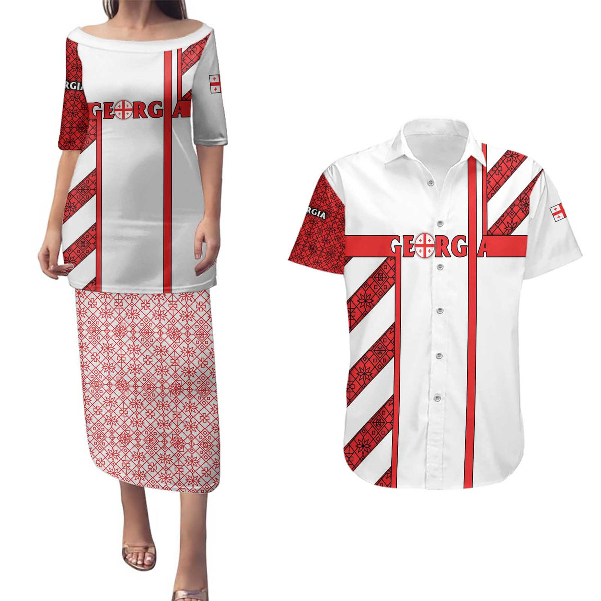 Georgia Couples Matching Puletasi and Hawaiian Shirt with Red Cross and Golden Lions Emblem Never Bows Design - Wonder Print Shop
