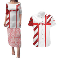 Georgia Couples Matching Puletasi and Hawaiian Shirt with Red Cross and Golden Lions Emblem Never Bows Design - Wonder Print Shop