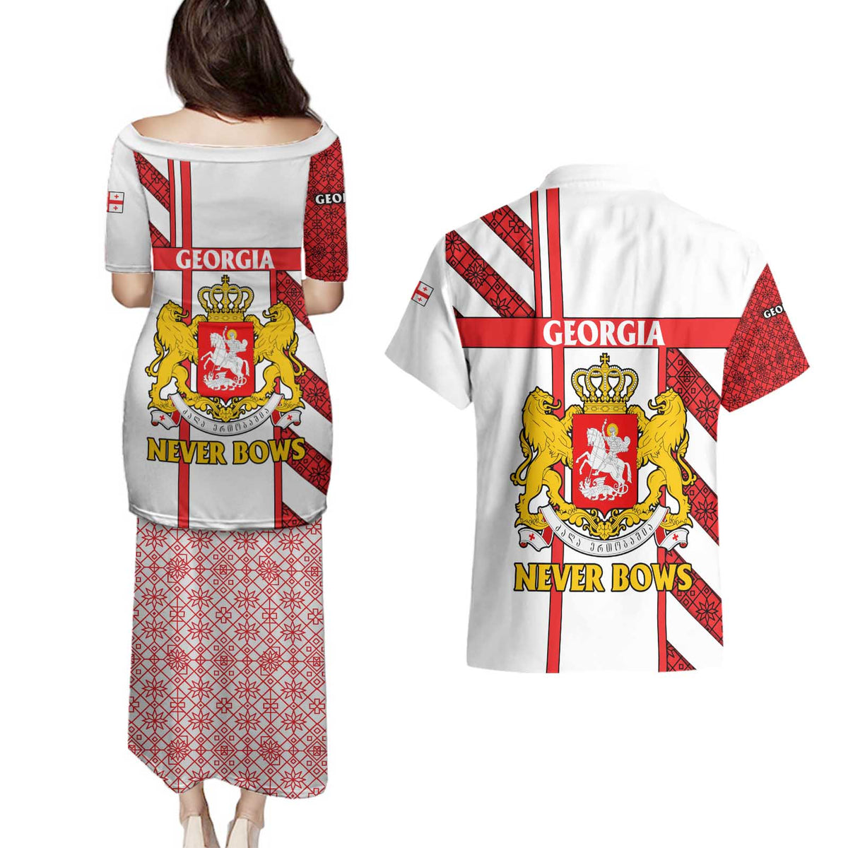 Georgia Couples Matching Puletasi and Hawaiian Shirt with Red Cross and Golden Lions Emblem Never Bows Design - Wonder Print Shop
