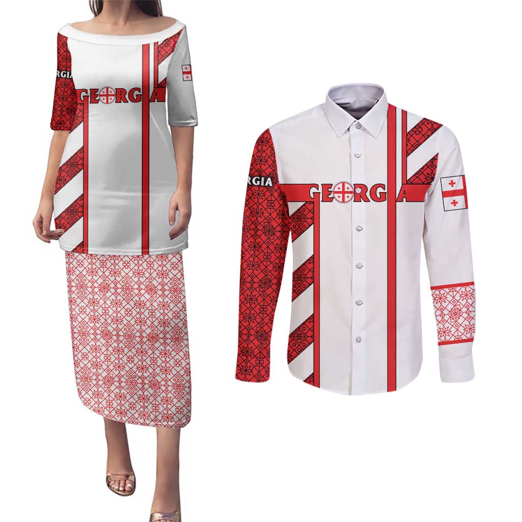 Georgia Couples Matching Puletasi and Long Sleeve Button Shirt with Red Cross and Golden Lions Emblem Never Bows Design - Wonder Print Shop