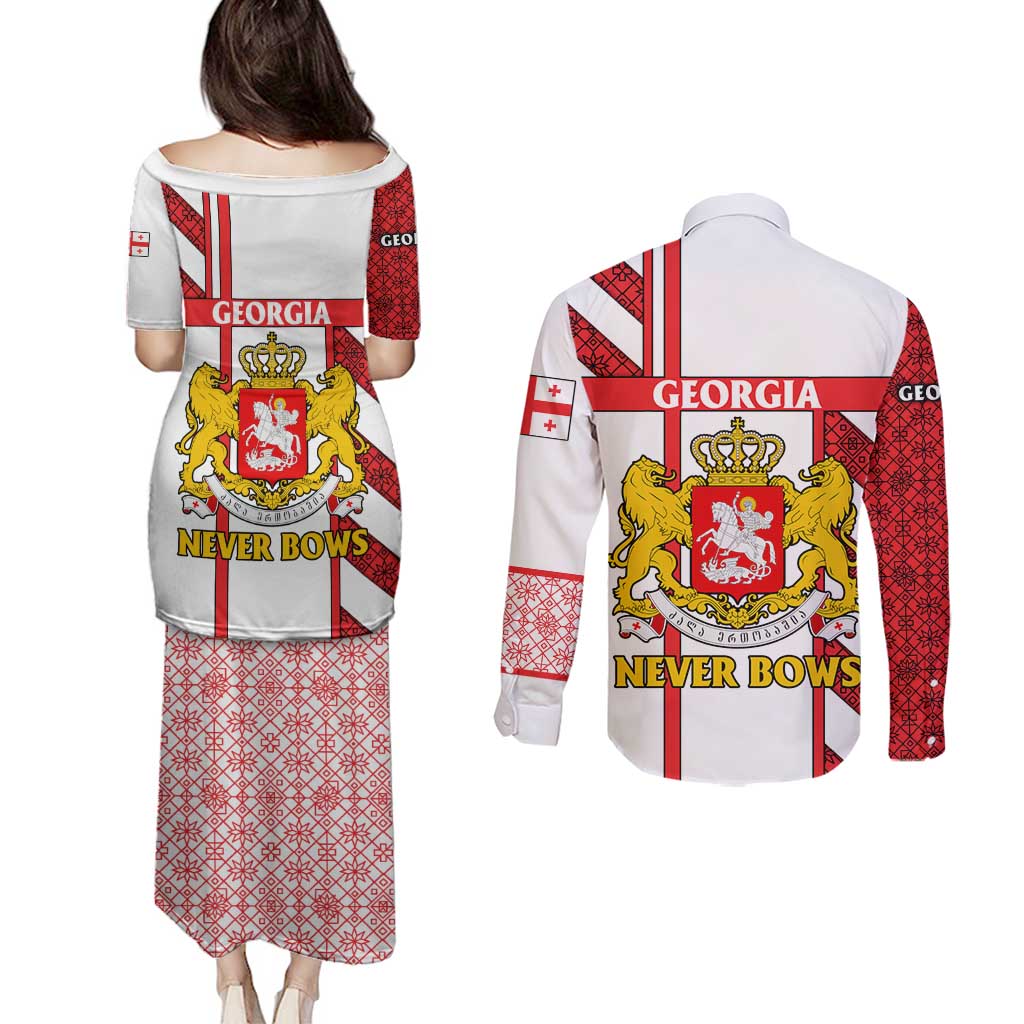 Georgia Couples Matching Puletasi and Long Sleeve Button Shirt with Red Cross and Golden Lions Emblem Never Bows Design - Wonder Print Shop