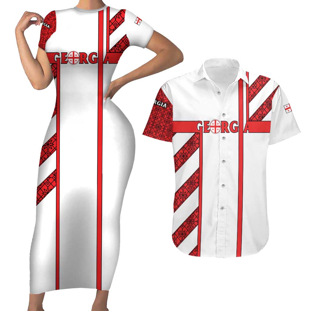 Georgia Couples Matching Short Sleeve Bodycon Dress and Hawaiian Shirt with Red Cross and Golden Lions Emblem Never Bows Design - Wonder Print Shop