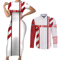 Georgia Couples Matching Short Sleeve Bodycon Dress and Long Sleeve Button Shirt with Red Cross and Golden Lions Emblem Never Bows Design - Wonder Print Shop