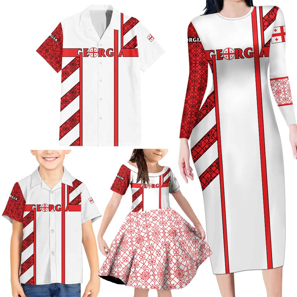 Georgia Family Matching Long Sleeve Bodycon Dress and Hawaiian Shirt with Red Cross and Golden Lions Emblem Never Bows Design - Wonder Print Shop