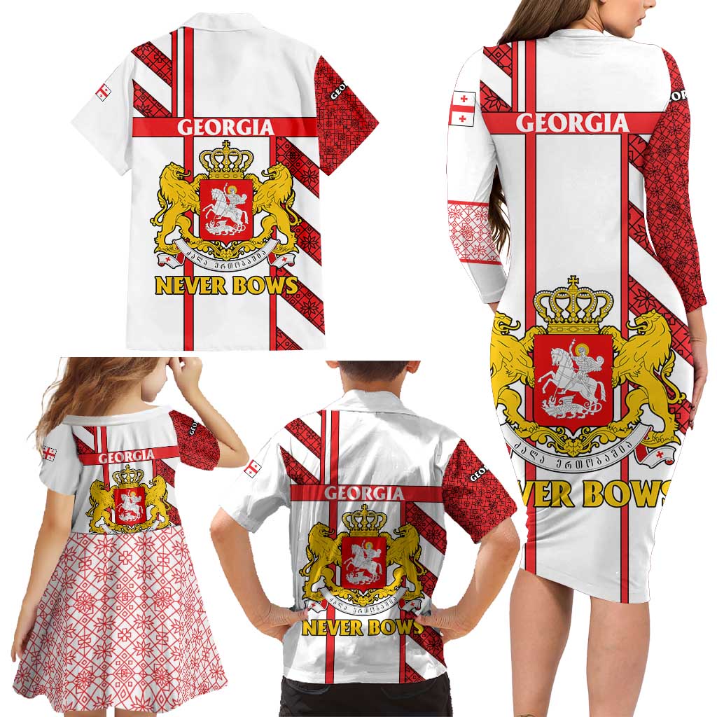 Georgia Family Matching Long Sleeve Bodycon Dress and Hawaiian Shirt with Red Cross and Golden Lions Emblem Never Bows Design - Wonder Print Shop