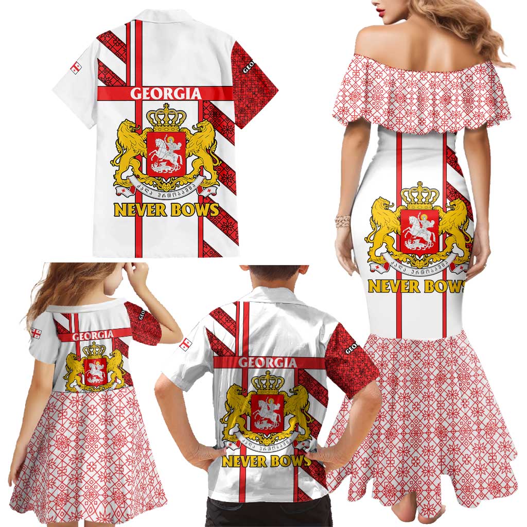 Georgia Family Matching Mermaid Dress and Hawaiian Shirt with Red Cross and Golden Lions Emblem Never Bows Design - Wonder Print Shop