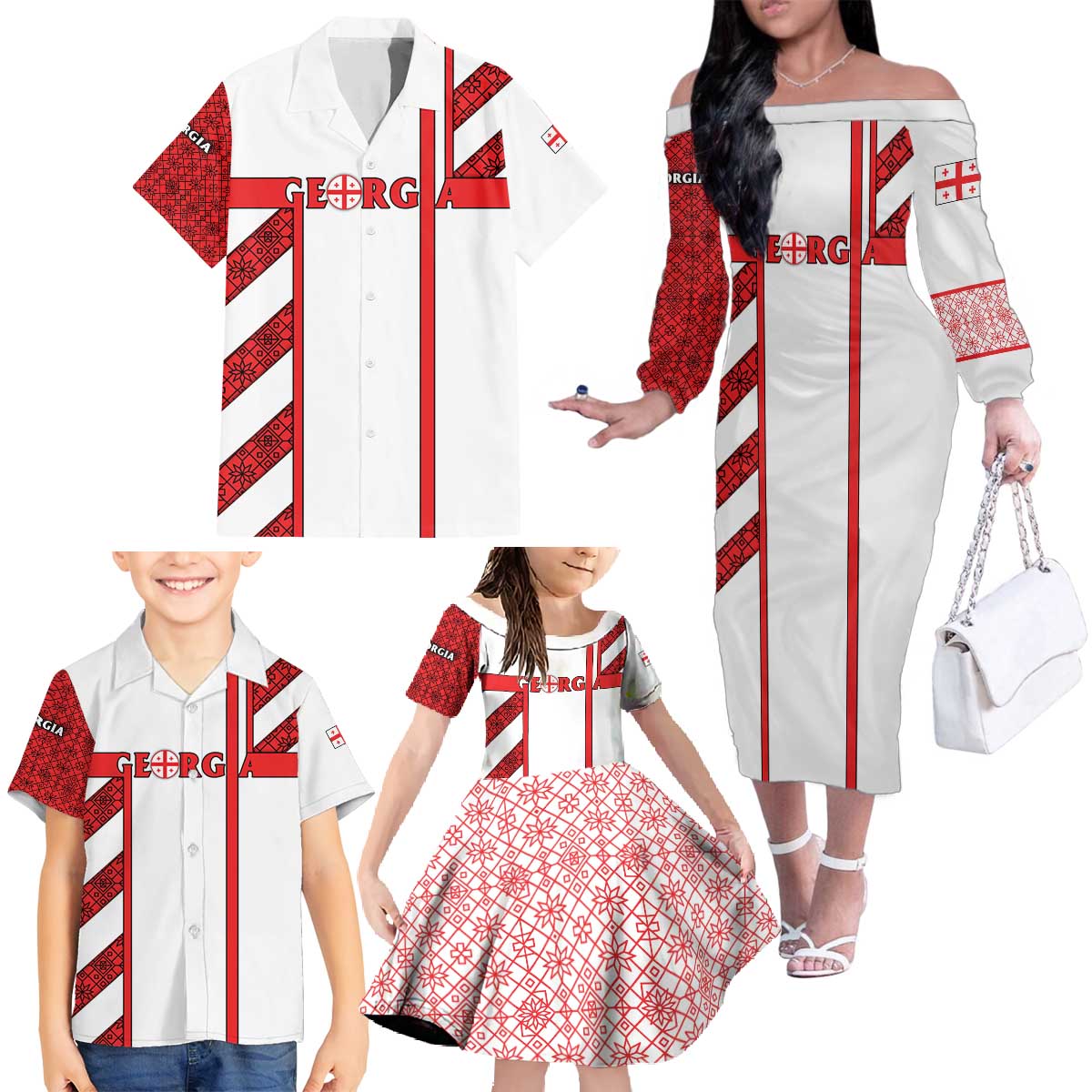 Georgia Family Matching Off The Shoulder Long Sleeve Dress and Hawaiian Shirt with Red Cross and Golden Lions Emblem Never Bows Design - Wonder Print Shop