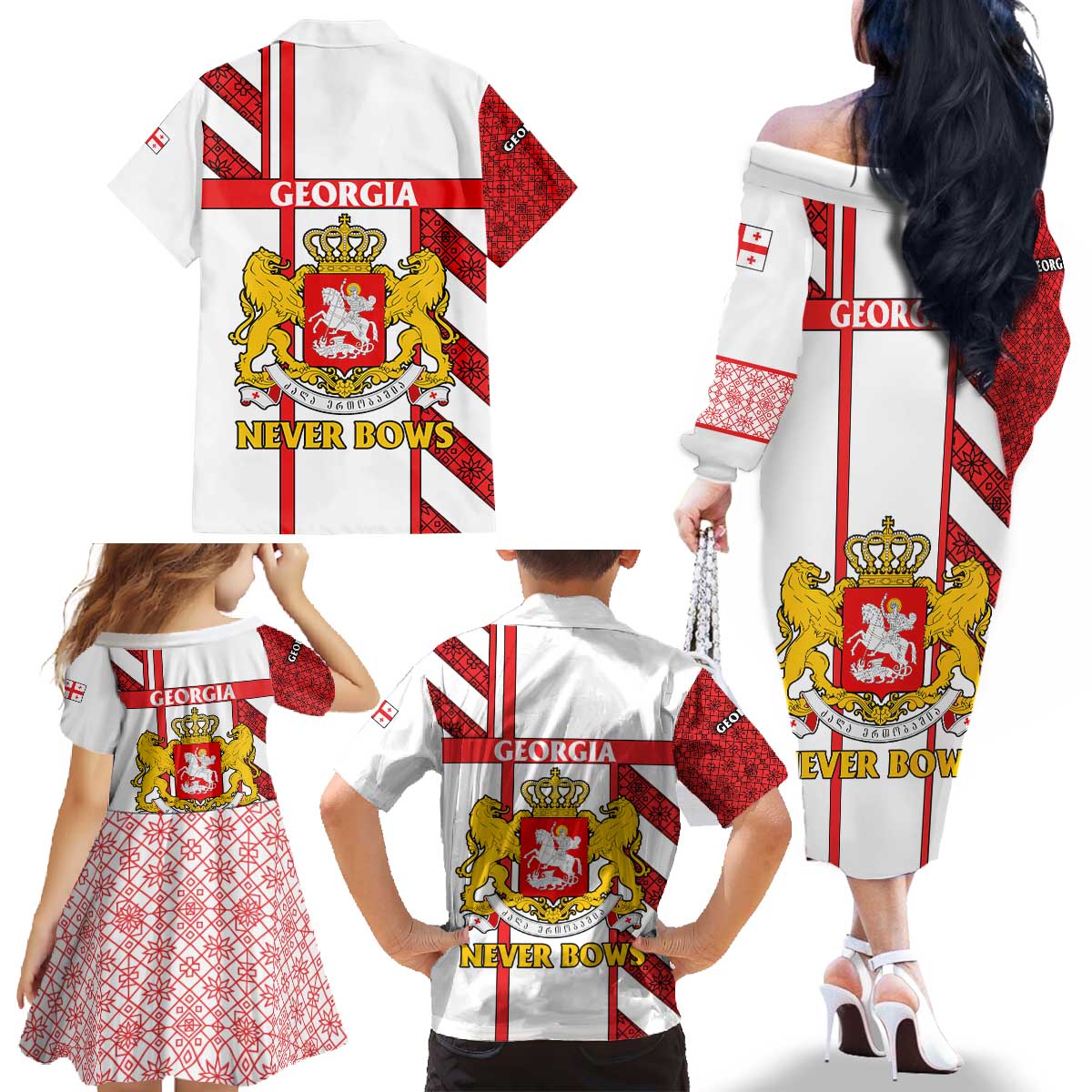 Georgia Family Matching Off The Shoulder Long Sleeve Dress and Hawaiian Shirt with Red Cross and Golden Lions Emblem Never Bows Design - Wonder Print Shop
