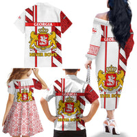 Georgia Family Matching Off The Shoulder Long Sleeve Dress and Hawaiian Shirt with Red Cross and Golden Lions Emblem Never Bows Design - Wonder Print Shop