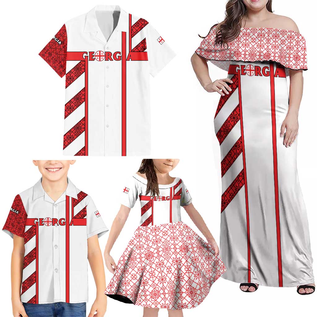 Georgia Family Matching Off Shoulder Maxi Dress and Hawaiian Shirt with Red Cross and Golden Lions Emblem Never Bows Design - Wonder Print Shop