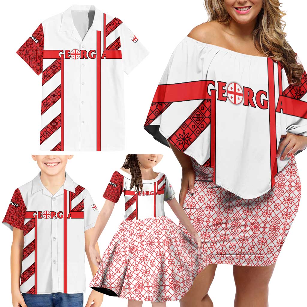 Georgia Family Matching Off Shoulder Short Dress and Hawaiian Shirt with Red Cross and Golden Lions Emblem Never Bows Design - Wonder Print Shop