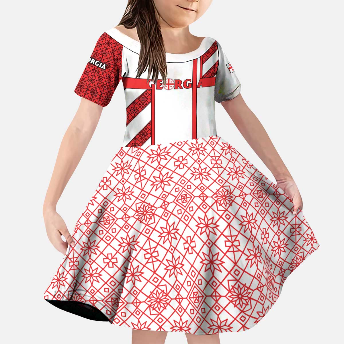 Georgia Kid Short Sleeve Dress with Red Cross and Golden Lions Emblem Never Bows Design - Wonder Print Shop