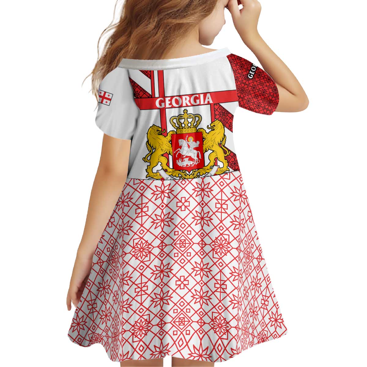 Georgia Kid Short Sleeve Dress with Red Cross and Golden Lions Emblem Never Bows Design - Wonder Print Shop
