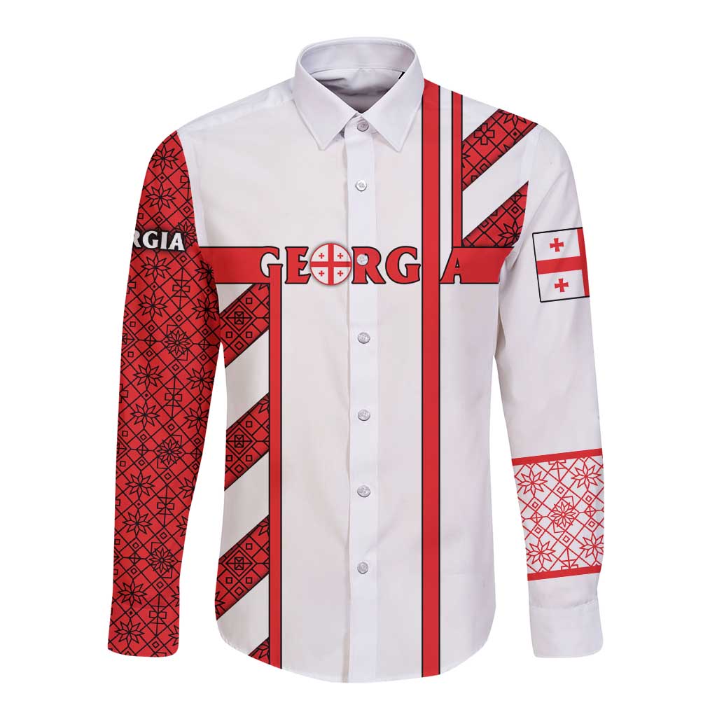 Georgia Long Sleeve Button Shirt with Red Cross and Golden Lions Emblem Never Bows Design - Wonder Print Shop