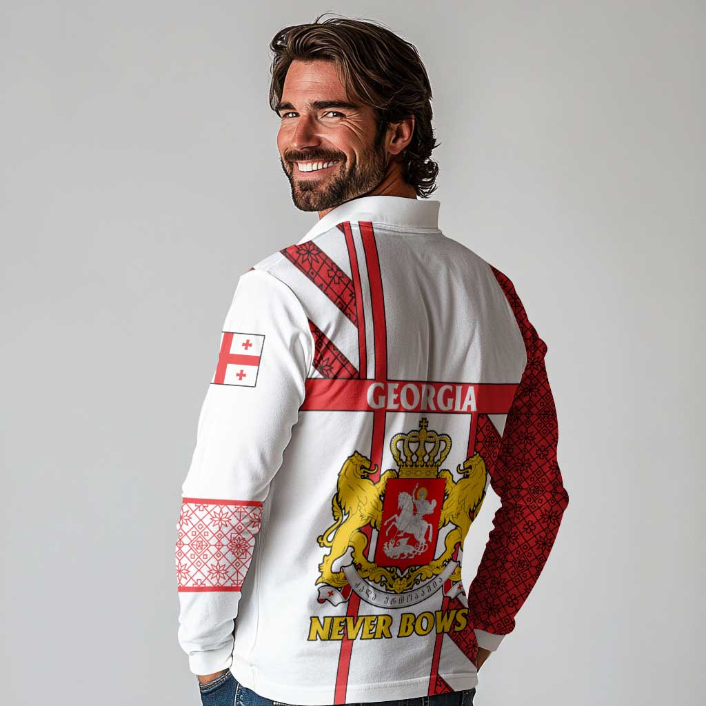 Georgia Long Sleeve Polo Shirt with Red Cross and Golden Lions Emblem Never Bows Design - Wonder Print Shop