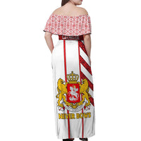 Georgia Off Shoulder Maxi Dress with Red Cross and Golden Lions Emblem Never Bows Design - Wonder Print Shop