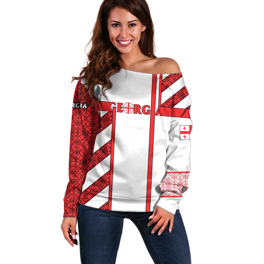 Georgia Off Shoulder Sweater with Red Cross and Golden Lions Emblem Never Bows Design - Wonder Print Shop