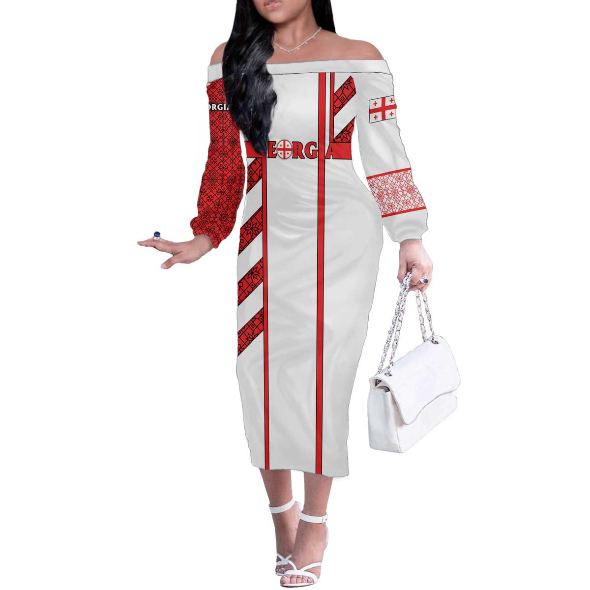 Georgia Off The Shoulder Long Sleeve Dress with Red Cross and Golden Lions Emblem Never Bows Design - Wonder Print Shop