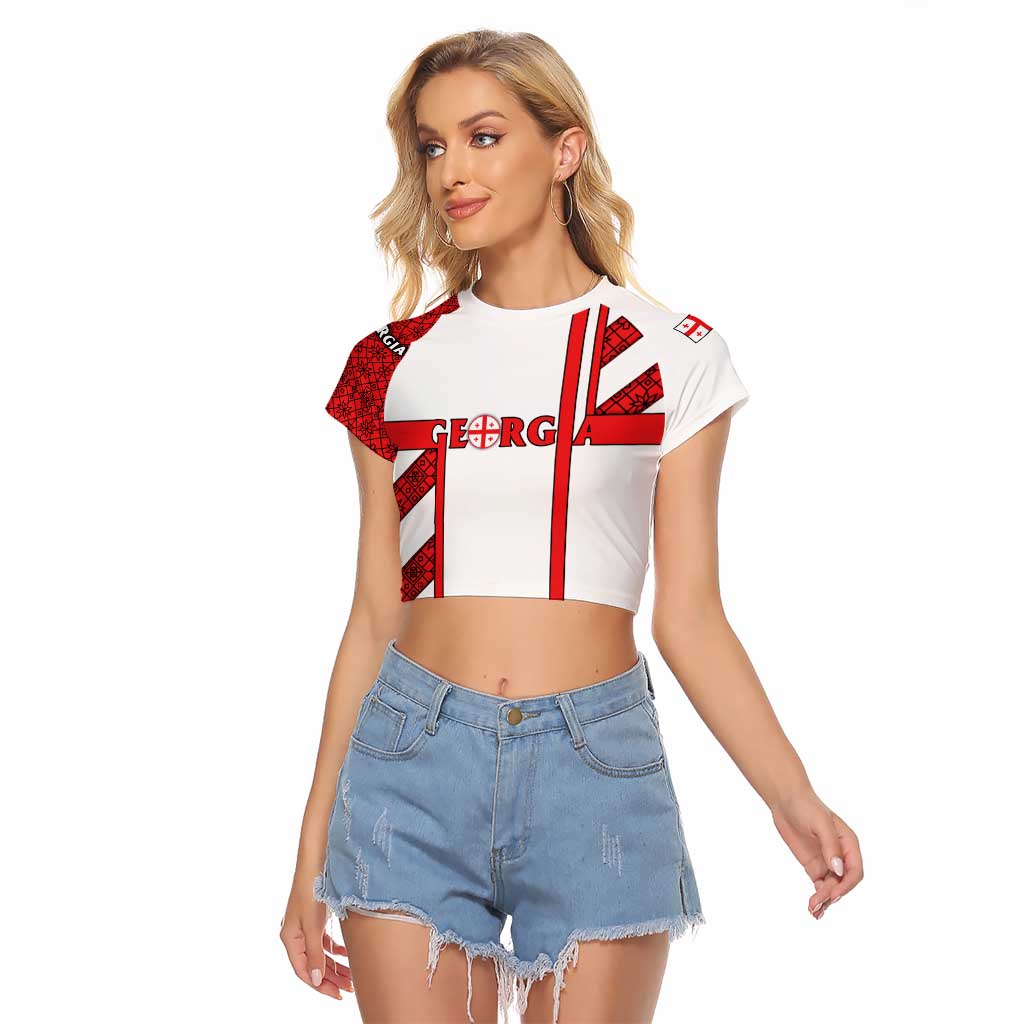 Georgia Raglan Cropped T Shirt with Red Cross and Golden Lions Emblem Never Bows Design - Wonder Print Shop