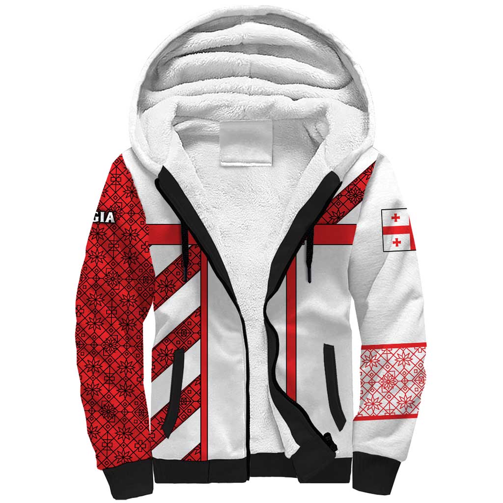 Georgia Sherpa Hoodie with Red Cross and Golden Lions Emblem Never Bows Design - Wonder Print Shop