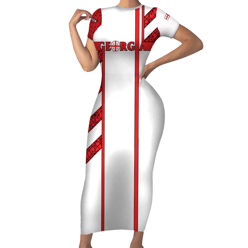 Georgia Short Sleeve Bodycon Dress with Red Cross and Golden Lions Emblem Never Bows Design - Wonder Print Shop