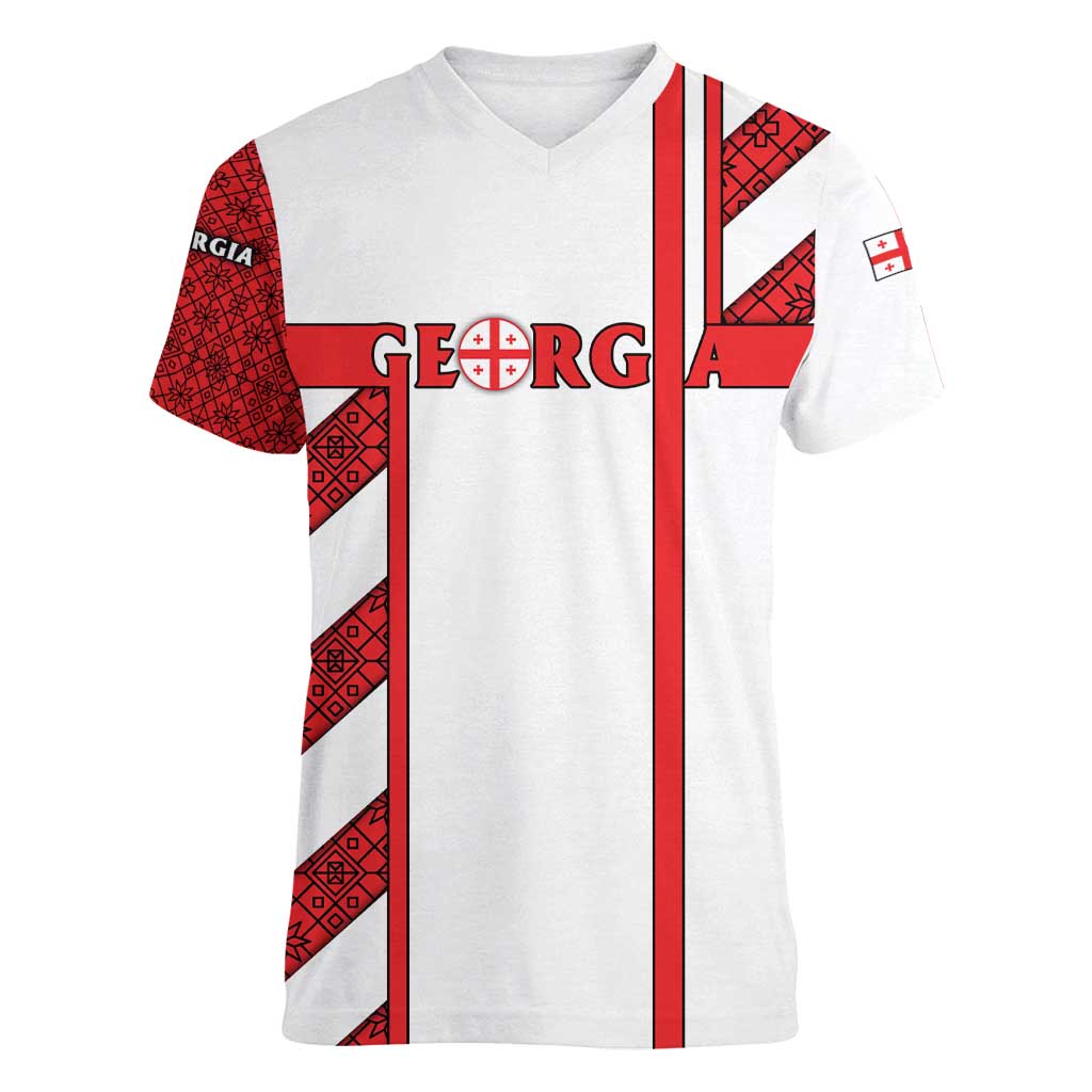 Georgia Women V-Neck T-Shirt with Red Cross and Golden Lions Emblem Never Bows Design - Wonder Print Shop