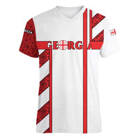 Georgia Women V-Neck T-Shirt with Red Cross and Golden Lions Emblem Never Bows Design - Wonder Print Shop