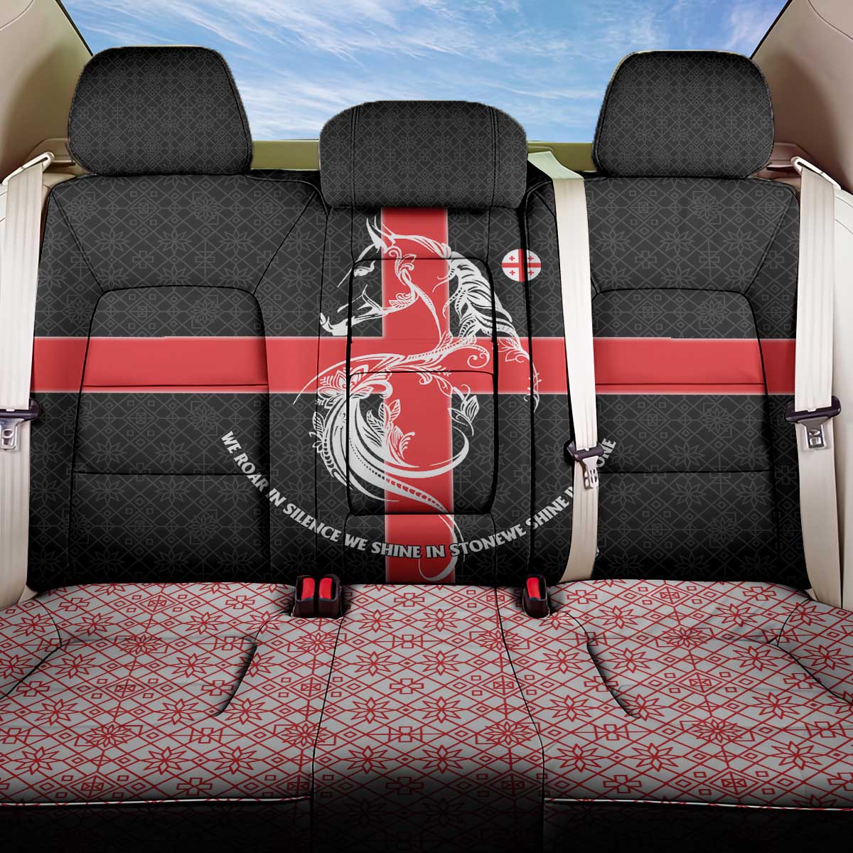 Georgia Back Car Seat Cover with Black Patterned Red Cross with Dragon Horse Symbol and Silent Pride Quote Design - Wonder Print Shop
