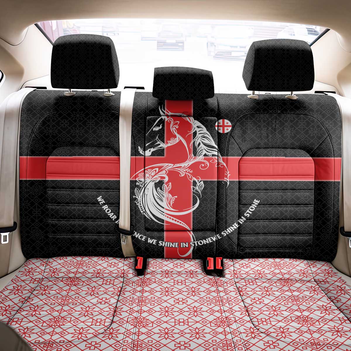 Georgia Back Car Seat Cover with Black Patterned Red Cross with Dragon Horse Symbol and Silent Pride Quote Design - Wonder Print Shop