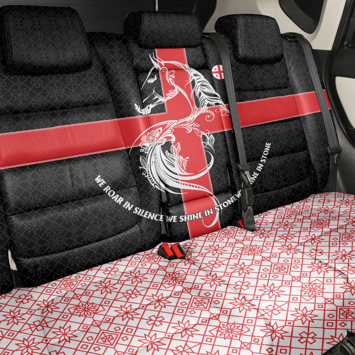 Georgia Back Car Seat Cover with Black Patterned Red Cross with Dragon Horse Symbol and Silent Pride Quote Design - Wonder Print Shop