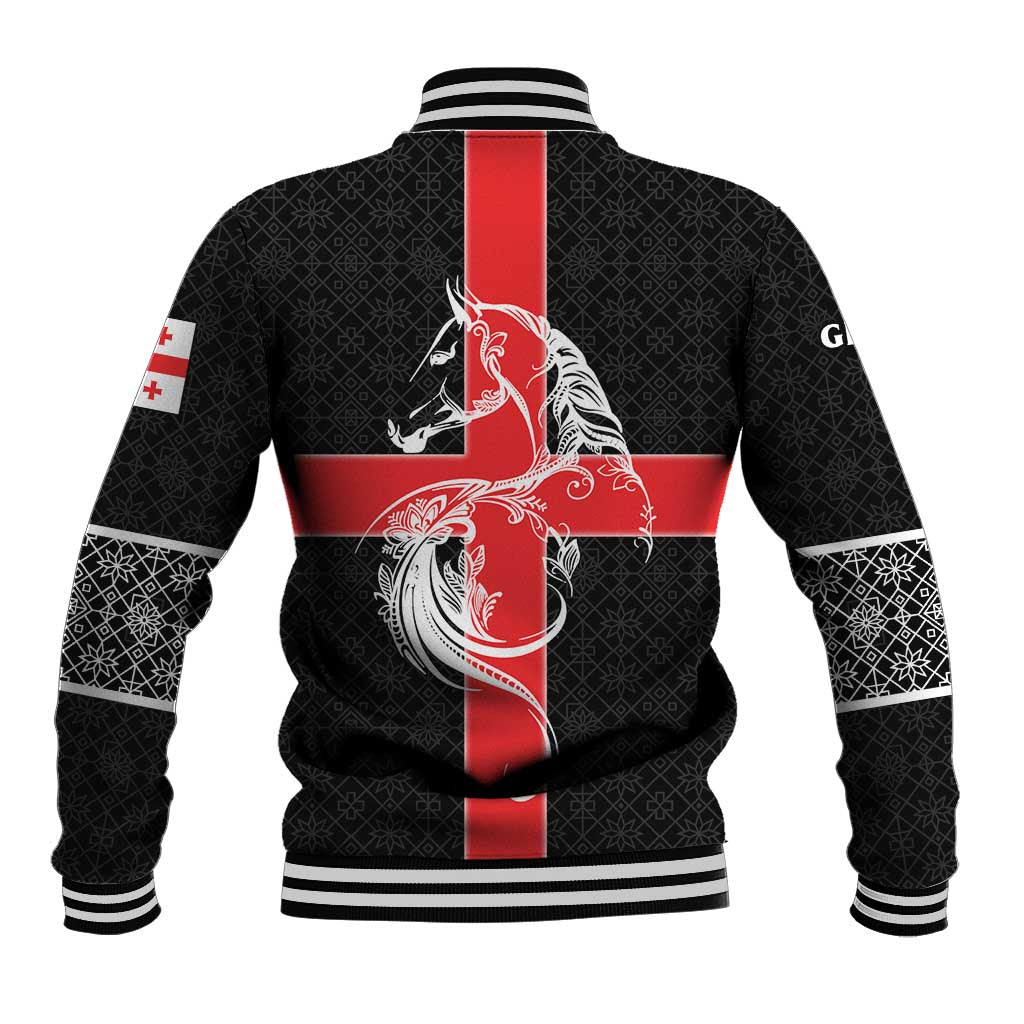 Georgia Baseball Jacket with Black Patterned Red Cross with Dragon Horse Symbol and Silent Pride Quote Design - Wonder Print Shop