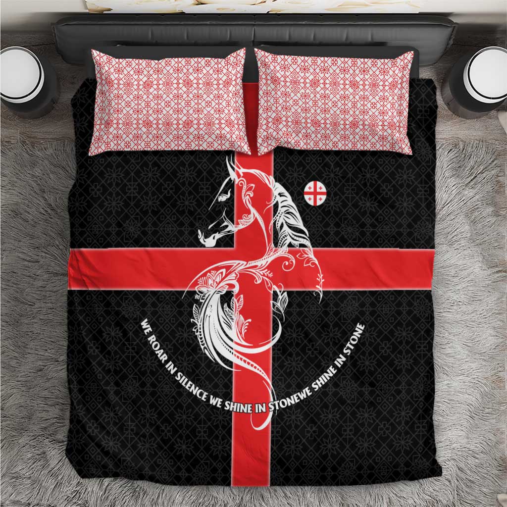 Georgia Bedding Set with Black Patterned Red Cross with Dragon Horse Symbol and Silent Pride Quote Design - Wonder Print Shop