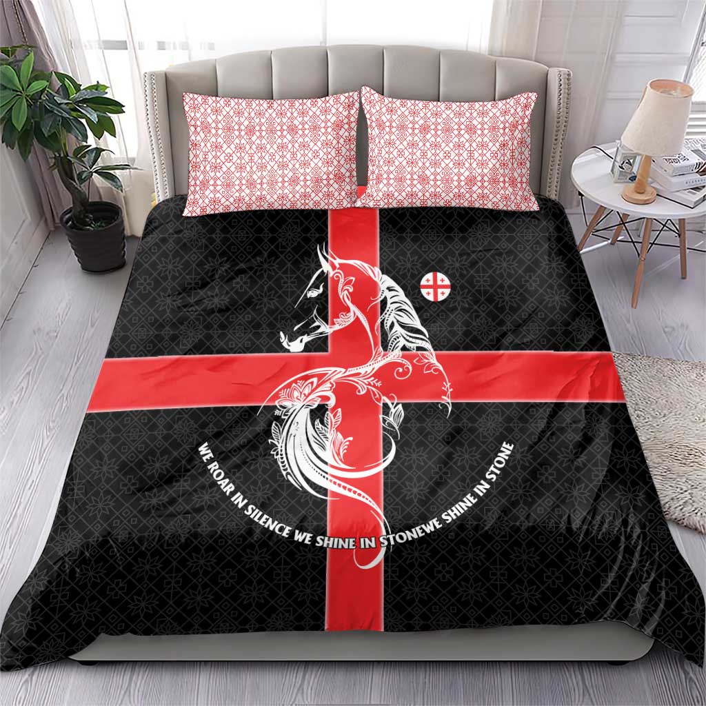 Georgia Bedding Set with Black Patterned Red Cross with Dragon Horse Symbol and Silent Pride Quote Design - Wonder Print Shop