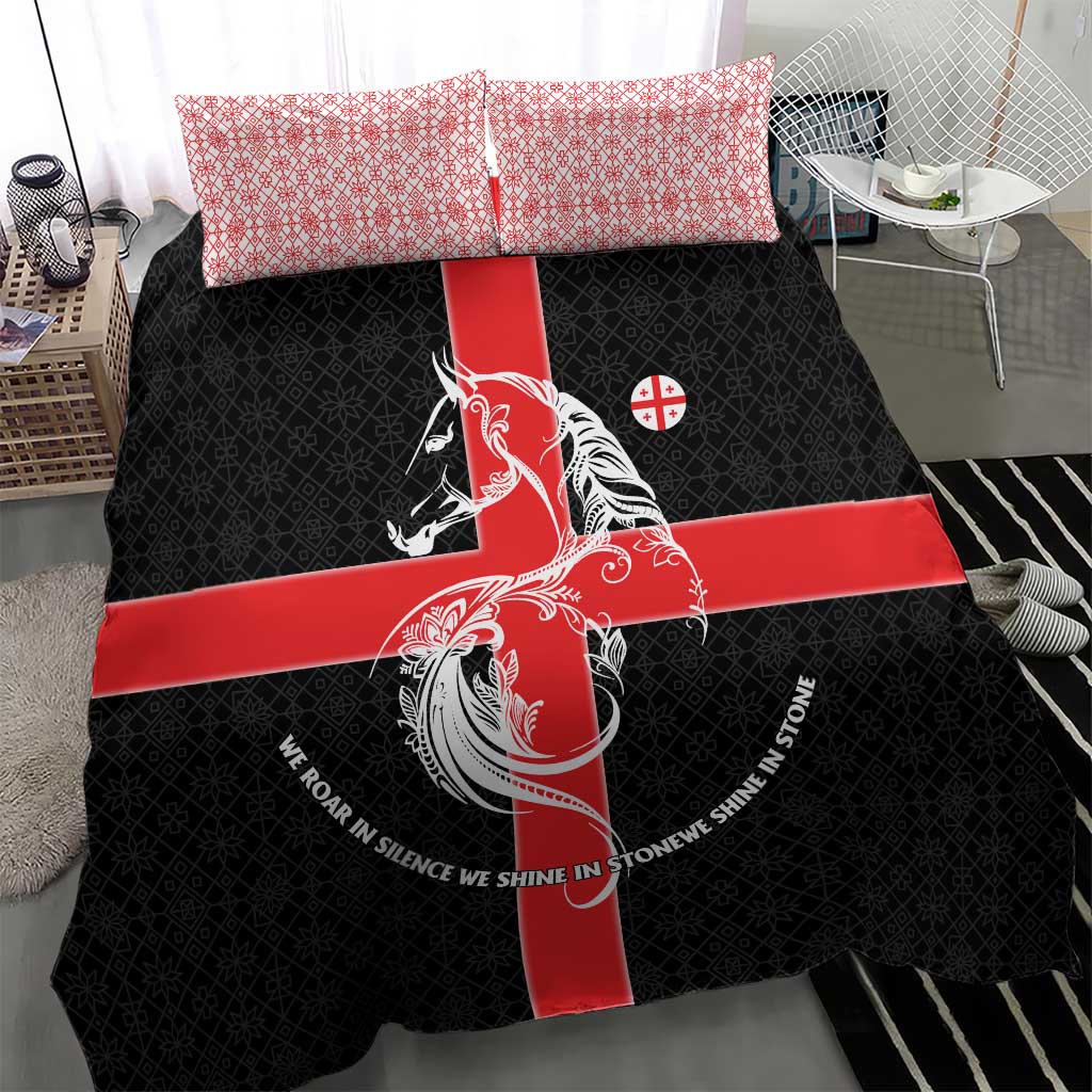 Georgia Bedding Set with Black Patterned Red Cross with Dragon Horse Symbol and Silent Pride Quote Design - Wonder Print Shop