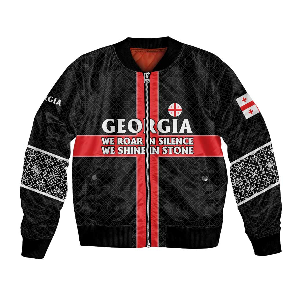 Georgia Bomber Jacket with Black Patterned Red Cross with Dragon Horse Symbol and Silent Pride Quote Design - Wonder Print Shop