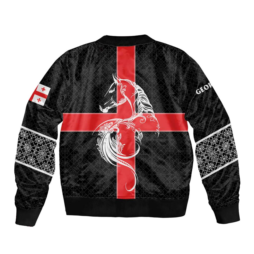 Georgia Bomber Jacket with Black Patterned Red Cross with Dragon Horse Symbol and Silent Pride Quote Design - Wonder Print Shop