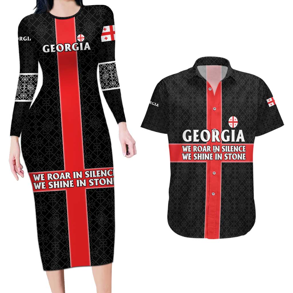 Georgia Couples Matching Long Sleeve Bodycon Dress and Hawaiian Shirt with Black Patterned Red Cross with Dragon Horse Symbol and Silent Pride Quote Design - Wonder Print Shop
