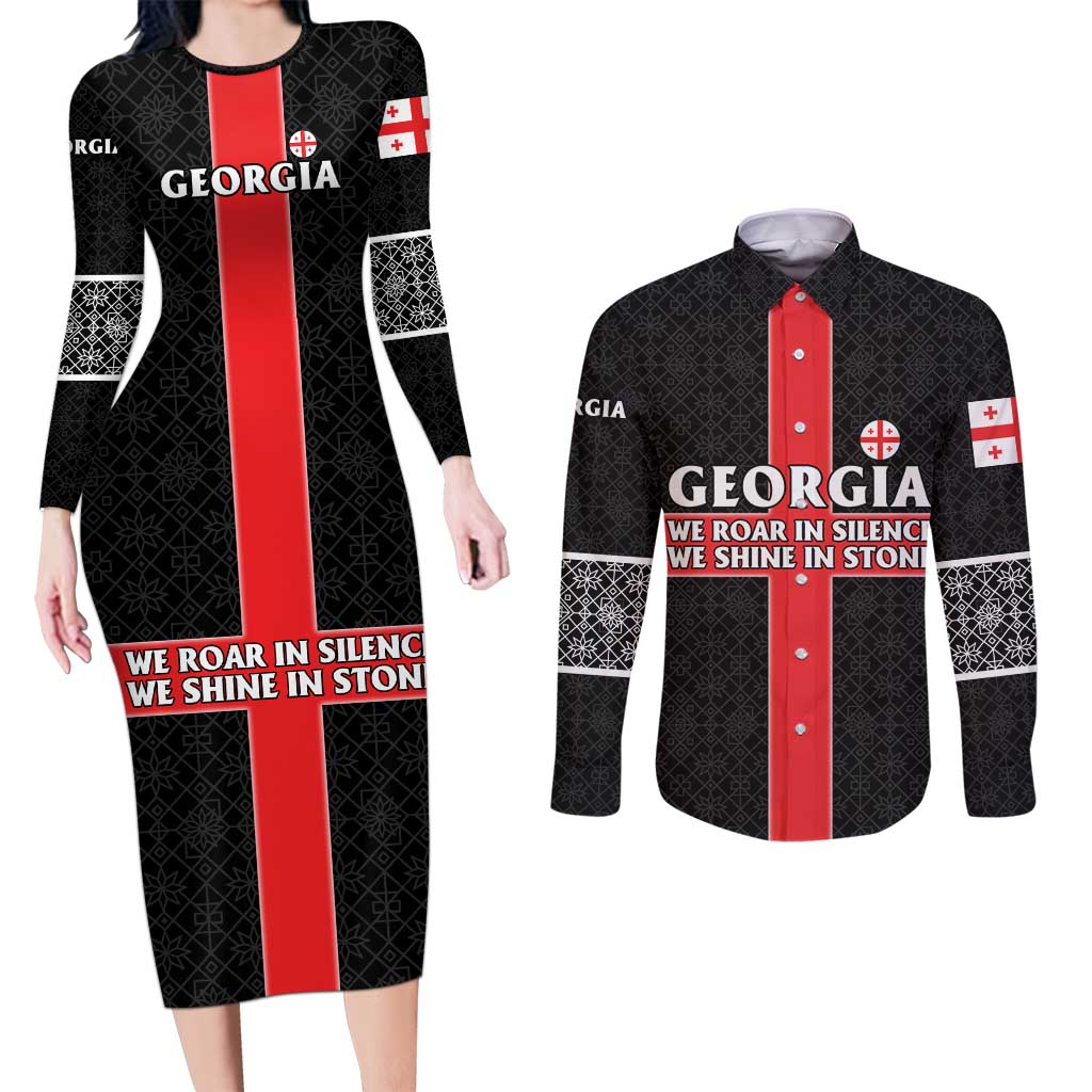 Georgia Couples Matching Long Sleeve Bodycon Dress and Long Sleeve Button Shirt with Black Patterned Red Cross with Dragon Horse Symbol and Silent Pride Quote Design - Wonder Print Shop