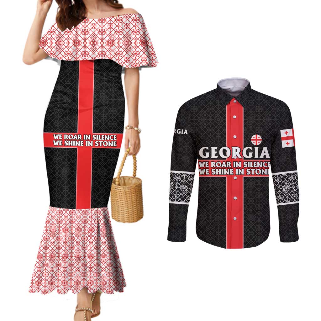 Georgia Couples Matching Mermaid Dress and Long Sleeve Button Shirt with Black Patterned Red Cross with Dragon Horse Symbol and Silent Pride Quote Design - Wonder Print Shop