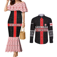 Georgia Couples Matching Mermaid Dress and Long Sleeve Button Shirt with Black Patterned Red Cross with Dragon Horse Symbol and Silent Pride Quote Design - Wonder Print Shop