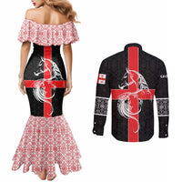 Georgia Couples Matching Mermaid Dress and Long Sleeve Button Shirt with Black Patterned Red Cross with Dragon Horse Symbol and Silent Pride Quote Design - Wonder Print Shop