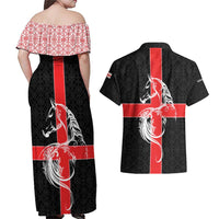 Georgia Couples Matching Off Shoulder Maxi Dress and Hawaiian Shirt with Black Patterned Red Cross with Dragon Horse Symbol and Silent Pride Quote Design - Wonder Print Shop