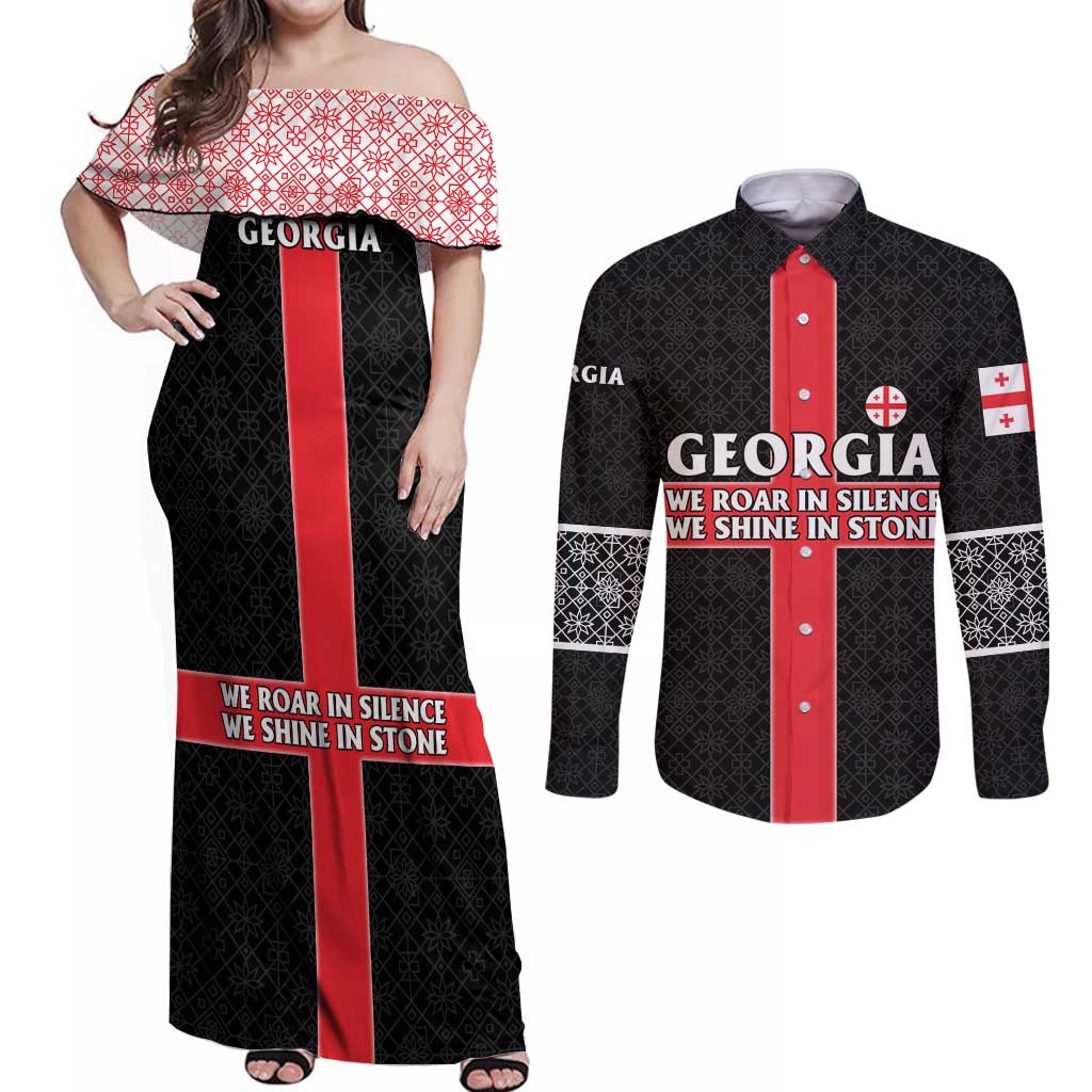 Georgia Couples Matching Off Shoulder Maxi Dress and Long Sleeve Button Shirt with Black Patterned Red Cross with Dragon Horse Symbol and Silent Pride Quote Design - Wonder Print Shop