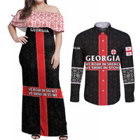 Georgia Couples Matching Off Shoulder Maxi Dress and Long Sleeve Button Shirt with Black Patterned Red Cross with Dragon Horse Symbol and Silent Pride Quote Design - Wonder Print Shop