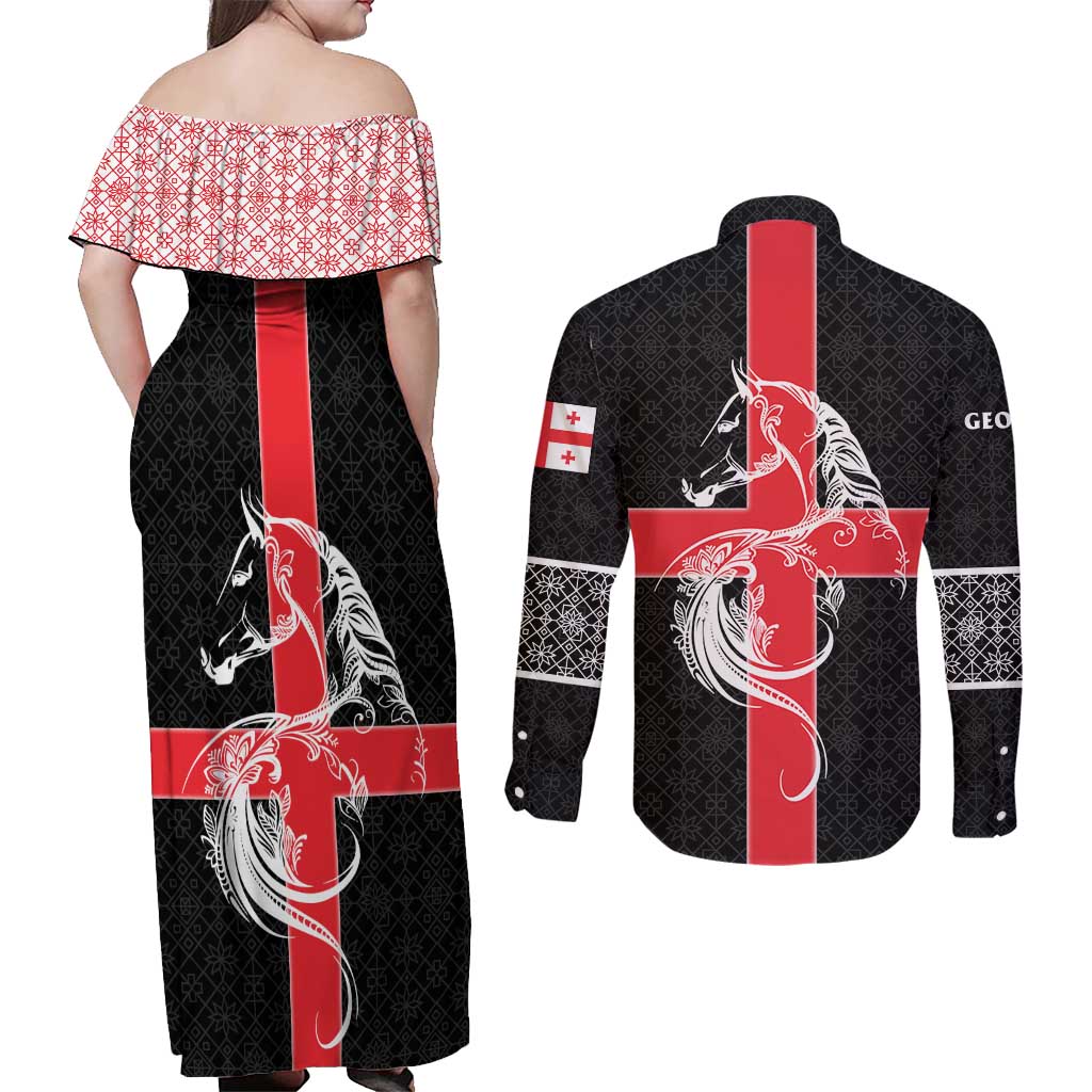 Georgia Couples Matching Off Shoulder Maxi Dress and Long Sleeve Button Shirt with Black Patterned Red Cross with Dragon Horse Symbol and Silent Pride Quote Design - Wonder Print Shop