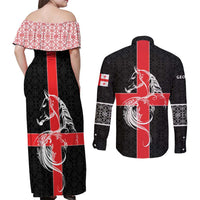 Georgia Couples Matching Off Shoulder Maxi Dress and Long Sleeve Button Shirt with Black Patterned Red Cross with Dragon Horse Symbol and Silent Pride Quote Design - Wonder Print Shop