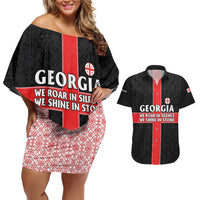 Georgia Couples Matching Off Shoulder Short Dress and Hawaiian Shirt with Black Patterned Red Cross with Dragon Horse Symbol and Silent Pride Quote Design - Wonder Print Shop