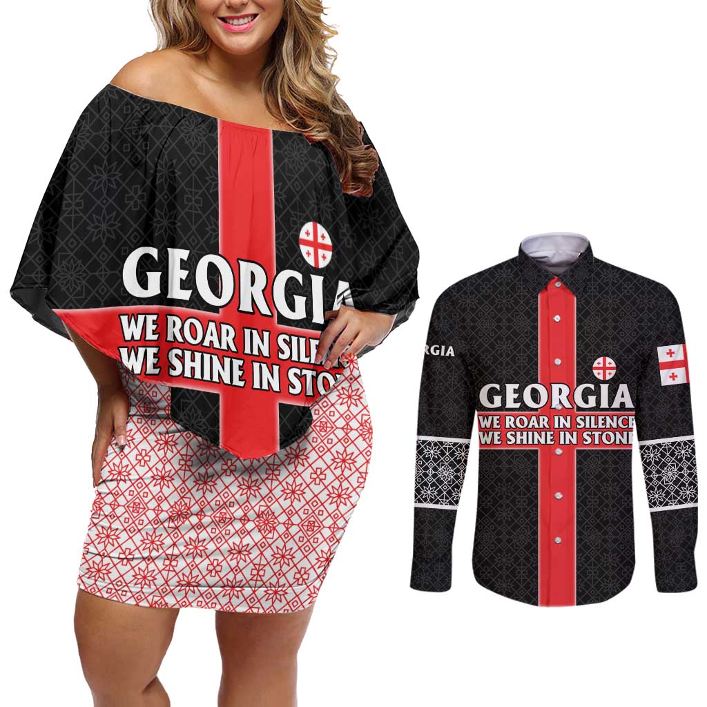 Georgia Couples Matching Off Shoulder Short Dress and Long Sleeve Button Shirt with Black Patterned Red Cross with Dragon Horse Symbol and Silent Pride Quote Design - Wonder Print Shop