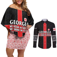 Georgia Couples Matching Off Shoulder Short Dress and Long Sleeve Button Shirt with Black Patterned Red Cross with Dragon Horse Symbol and Silent Pride Quote Design - Wonder Print Shop
